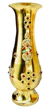 QT S Flower Vase Handmade Golden Brass Stone Finishing Stone Work