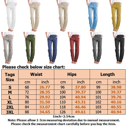 Womens Cotton Linen Elastic Waist Pants Ladies Casual Straight Leg Long Trousers - Picture 2 of 18