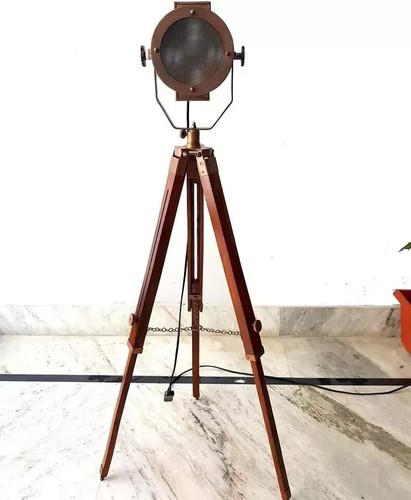 Vintage Designer Copper Floor SPOT LIGHT Tripod Base Searchlight Decorative Lamp - Picture 3 of 3
