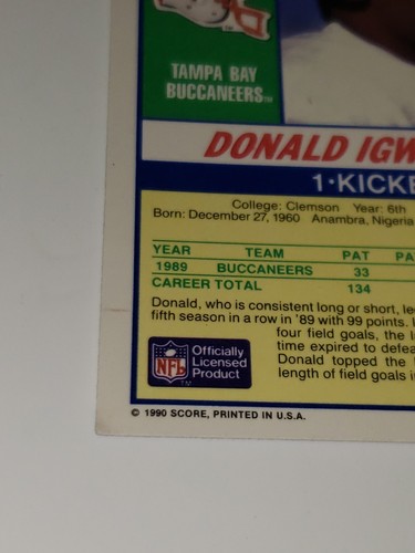 1990 Score Donald Igwebuike Tampa Bay Buccaneers #99 Football 🏈 Trading Card - Picture 11 of 11