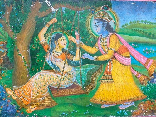Antiguo Antiguo Mohan Dulce Adv Dios Krishna Radha Litografía Tablero de Letreros de Lata Enmarcado en Madera - Imagen 6 de 8