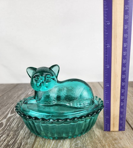Teal Blue Glass Cat on Basket - "Hen on Nest" Covered Candy Dish or Trinket Box - Picture 8 of 8