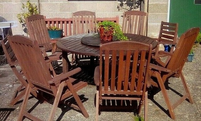Round Wooden Garden Table With Lazy Susan Top And 8 Folding Wooden Chairs