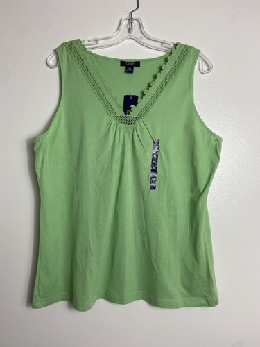NWT CHAPS RALPH LAUREN GREEN SHIRRED V-NECK EYELET COTTON TANK TOP CAMI XL