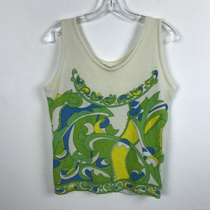 Vintage-1960s-Blouse-Tank-Top-Nylon-Green-Blue-Yellow-White-Floral-M