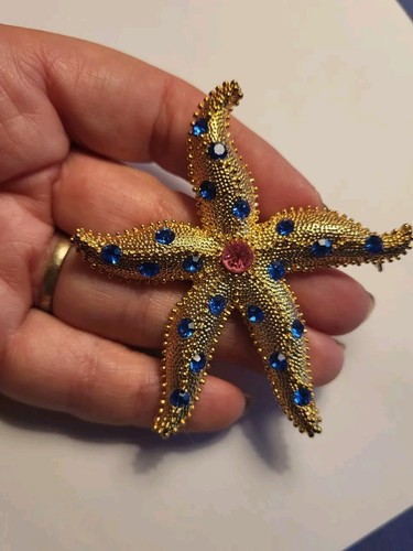 Broche prendedor vintage estrella de mar azul rosa cristal dorado texturizado alto océano mar - Imagen 10 de 11