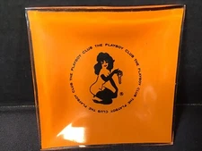 Vintage 1960’s THE PLAYBOY CLUB GLASS ASHTRAY Orange Black 3.75”x 3.75”