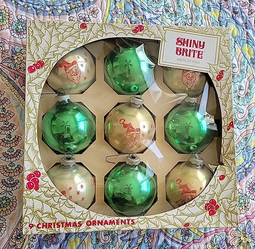 Vintage Shiny Brite Weihnachtsmann Weihnachtsschmuck Birnen Box Streifen schabloniert LESEN - Bild 1 von 12