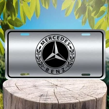 Vintage Black Mercedes-Benz Logo on Silver Brushed Aluminum Vanity License Plate
