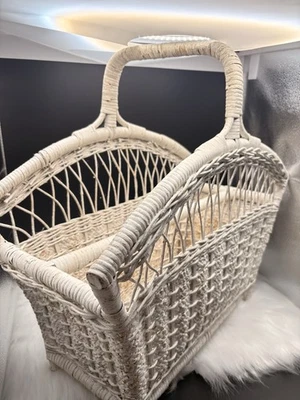 Vintage Wicker Magazine Rack Painted White Shabby Chic Cottage - Image 1 of 4
