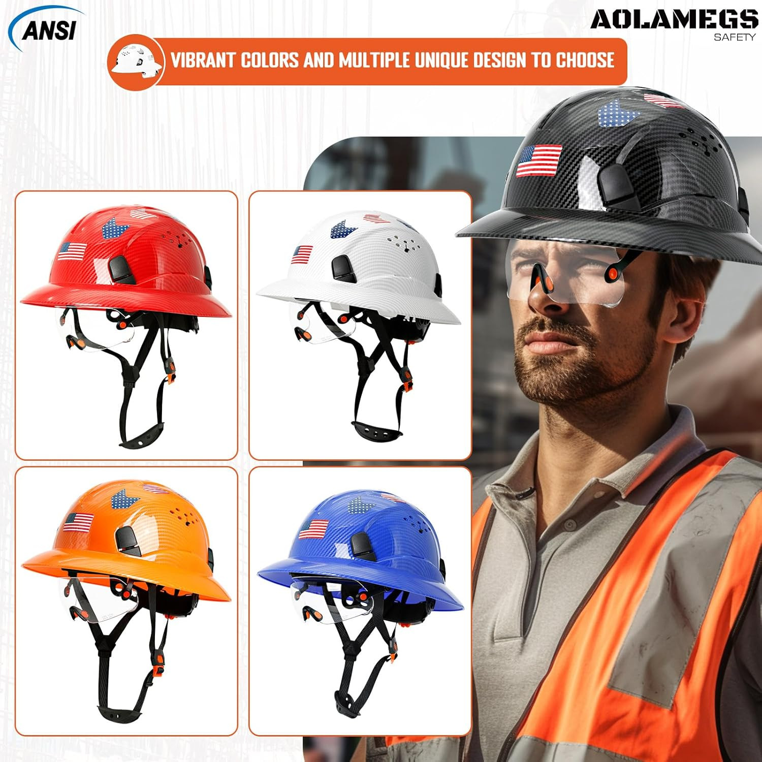 Carbon Fiber Pattern Full Brim Hard Hat with Visor-Osha Approved Construction