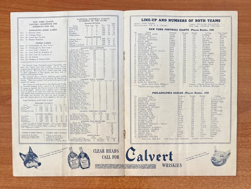 vintage 1936 NFL PHILADELPHIA EAGLES @ NEW YORK GIANTS FOOTBALL PROGRAM - Oct 25 - Image 2 of 3