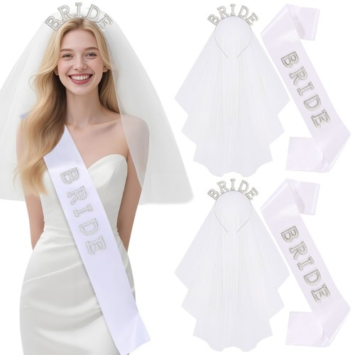 2 Pieces Bridal Hair Set Bride Theme Pearls Rhinestones Headpiece Veil Sash - Picture 2 of 8