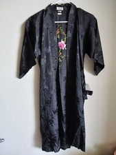 Vintage Golden Bee Asian Embroidered Black Lounging Robe Rayon Size 12 New