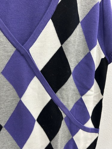 Brina & Em Argyle Short Sleeve Sweater Purple Black Sz Large V-Neck Stretch Knit - Picture 4 of 10