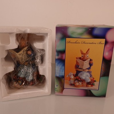 Easter Bunny Rabbit Porcelain Keepsake Box Reading Newspaper Trinket Hinged New