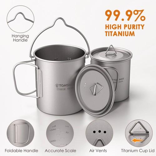 Tomshoo Titanium 3-Pc Camping Cookware Set 750ml Ultralight Pot w/Lid Outdoor - Picture 4 of 4