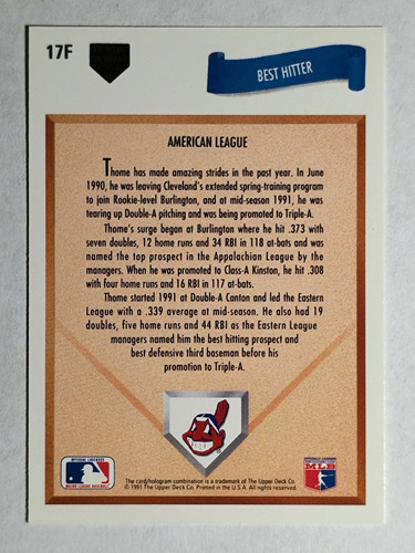 1991 Upper Deck Final Edition #17F Jim Thome RC - Bild 2 von 2