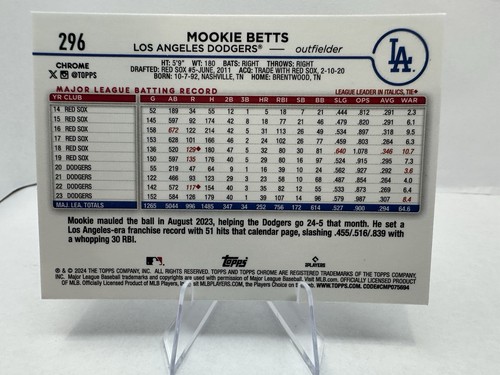 2024 Topps Chrome Mookie Betts #296 X-Fractor Los Angeles Dodgers - Picture 5 of 5
