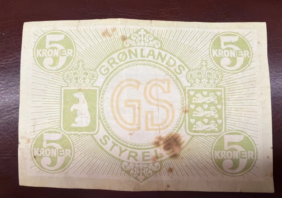 Greenland State Note, 1926-1945, 5 Kroner, Original Denmark, Polar Bear Note - Image 2 of 2