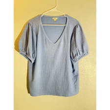 ANA A New Approach Women’s Blue Textured Puff Sleeve Blouse Size 1X V-Neck