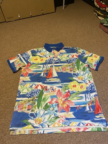 Polo Ralph Lauren Shirt Mens M Blue Polo Riviera All OVer Print Floral Sailing