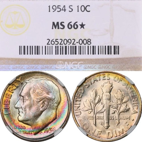MS66* 1954-S Roosevelt Silver Dime, NGC STAR- Beautifully Rainbow Toned