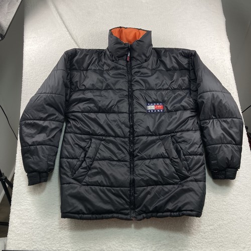 Vintage Tommy Hilfiger Puffer Jacket Men Size XL Black Orange Reversible Blaze - Picture 2 of 12