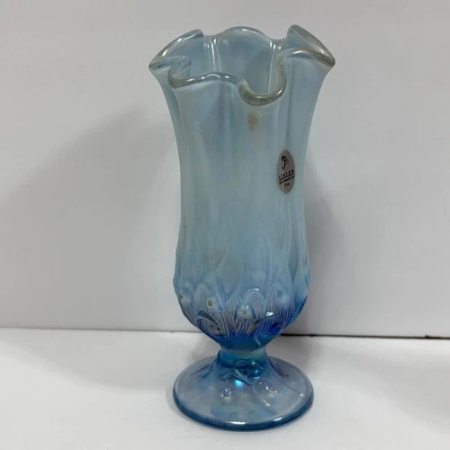 VTG Fenton Blue Opalescent Lily of the Valley Handkerchief Vase Glass Ruffled