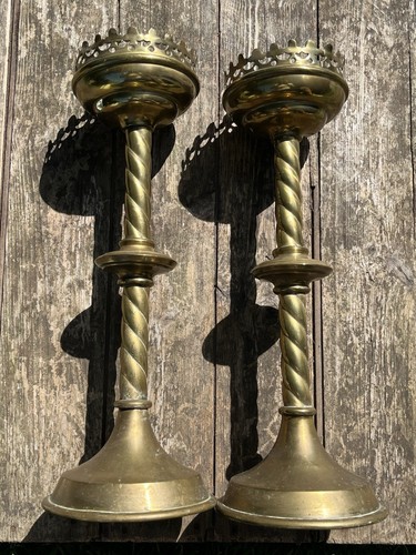 Antique Pair Of Brass Pricket Candlesticks Ecclesiastical Late 19th Century 43cm - Picture 14 of 17