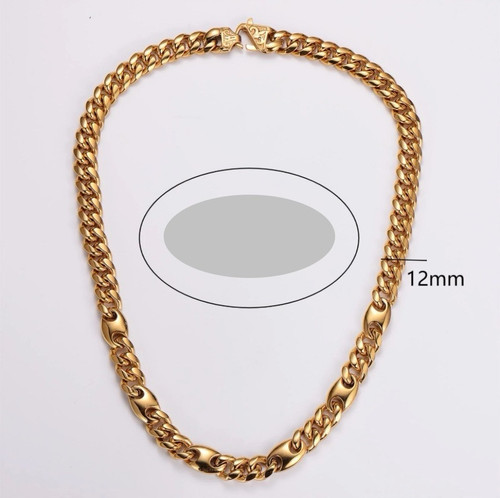 14K Gold Plated 12mm Cuban & Gucci Mixed Link Chain 316L Stainless Steel 24” - Picture 1 of 5