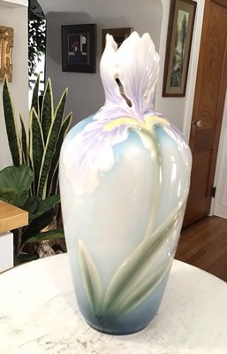 Franz Porcelain Collection #XP1811 Iris Vase 3D Sculpted Purple Blue Floral 9.5 