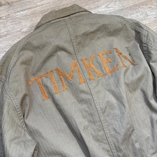 Vintage 40s Timken Steel Chain stitch Hbt Shop Coat WWII Brass Laurel Buttons