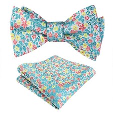 Mens 2pcs Floral Pattern Self-tied Bow Tie with Pocket Square Colorful Tie Se...