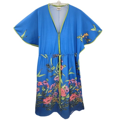Granada Vintage 80s Floral Knit Short Sleeve Zip‑Front Kaftan Mumu Dress size M - Picture 1 of 13