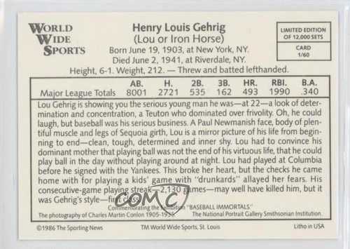 1986 The Sporting News Conlon Collection Baseball Immortals Series 1 Lou Gehrig - Picture 2 of 4