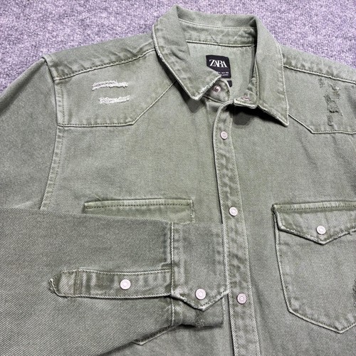 Zara Shirt Men's Large Green Distressed Denim Long Sleeve Casual Button Down - Picture 1 of 9