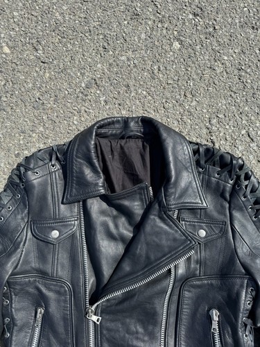 Balmain Mens Black Leather Biker Jacket Double Zip Quilted Y2K Archive - Picture 7 of 23