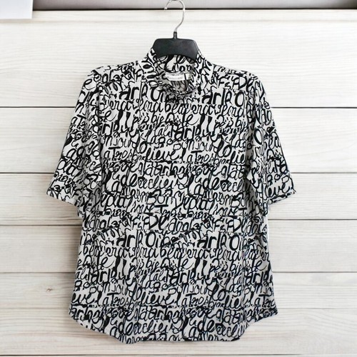 New York Co Top Womens L Ivory Black Polyester Mock Neck Short Sleeve Script - Picture 2 of 11