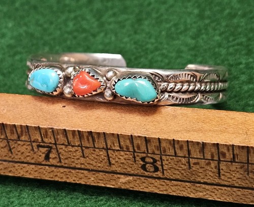 Vintage Native American Turquoise Coral F Sterling Silver Cuff Bracelet Stamped - Picture 20 of 21