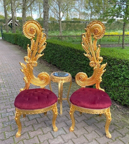 Chairs Antique Italian Rococo Gilded Ribbon Pair with Burgundy Velvet Seats - Picture 16 of 17