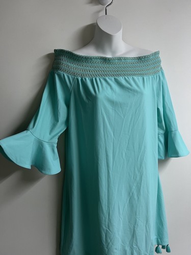 Cabana Life Dress Solid Smocked Off Shoulder Dress Tassel Bell Sleeves UPF 50+ - Picture 2 of 8