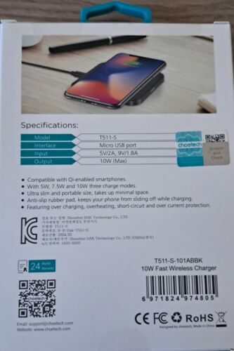 CHOETECH 10W Fast Wireless Charger Pad - Qi-Certified for iPhone Samsung Galaxy - Picture 2 of 4