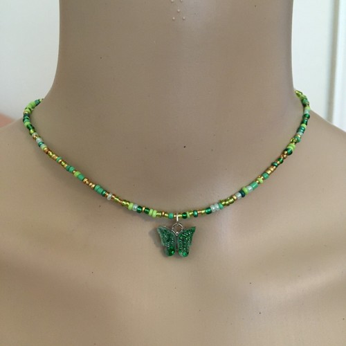 Colorful Delicate Seed Bead Choker Necklace- Butterfly Pendant-Summer Beauty - Picture 11 of 21
