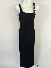 Shein Black Chain Strap Detail Midi Pencil Dress Bodycon XS Date Night LBD