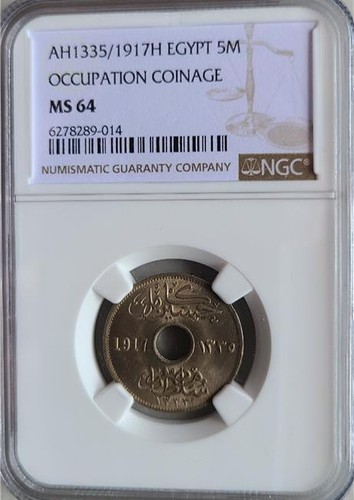 Egypt 5 Milliemes AH 1335/1917H Occupation Coinage NGC MS 64 - Picture 1 of 2
