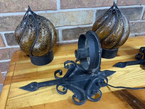 Pair Vintage Wall Light Sconces Iron Spanish Gothic Caged Glass Amber Crackle - Picture 11 of 24