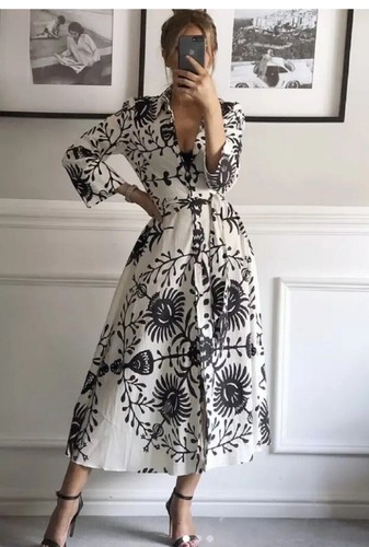 ZARA BNWT 2021 ECRU PRINTED LONG SHIRT DRESS COLLARED TIE BELT 8214/053 SIZE XS - Picture 5 of 5