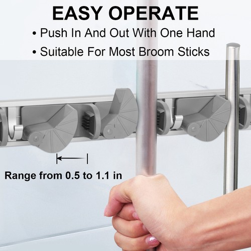 Mop Broom Holder Wall Mount Garden Kitchen Tool Organizer 4 Slots 4 Hooks Hanger - Picture 9 of 30