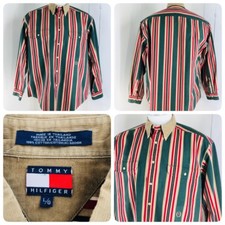 TOMMY HILFIGER Vtg Mens Size L Green Brown Red Striped LS Flag Button Down Dress